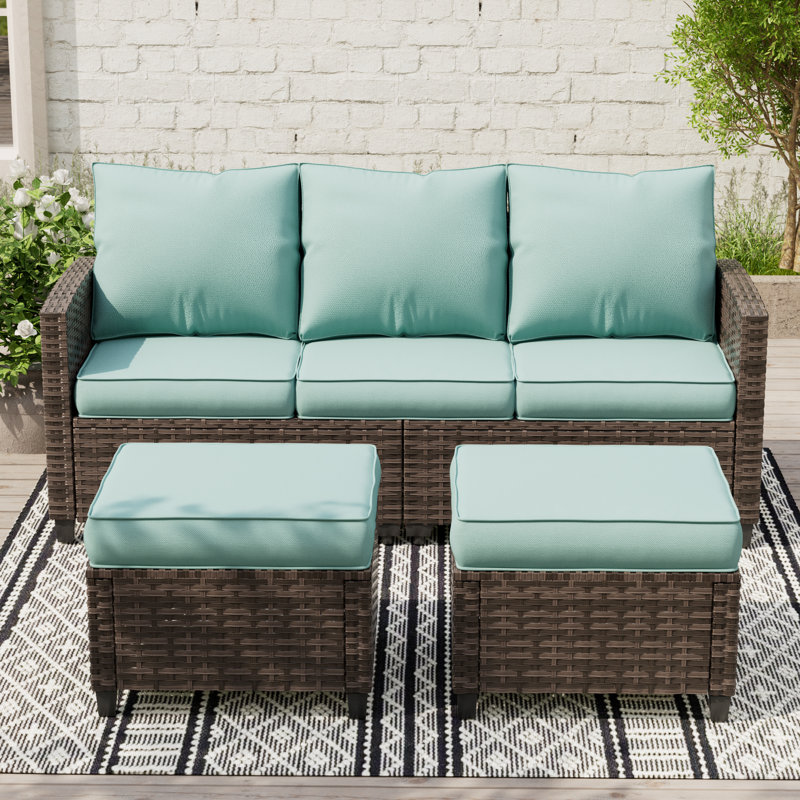 3-Person Patio Sofa With 2 Ottomans, Blue, Brown