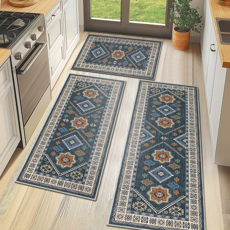Machine Washable Non-Slip Kitchen Mat (Set of 3), Navy