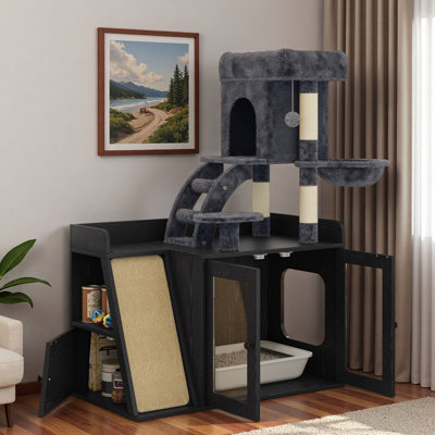 Arbre à chat avec lumière DEL, bac à litière caché, planche à gratter en sisal, espace de rangement, maisonnette pour chat et hamac confortable