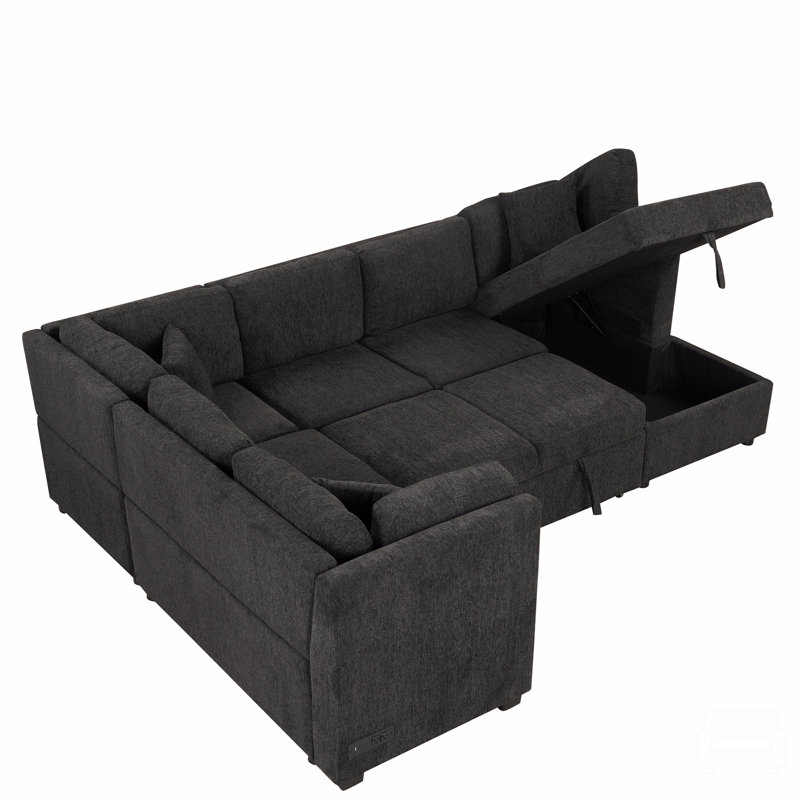 108.6" U-shaped Sectional Sofa Pull out Sofa Bed with Two USB Ports, Two Power Sockets, Three Back Pillows and a Storage Chaise for Living Room