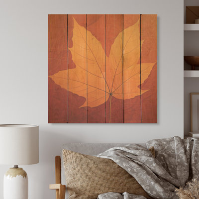 Amber Autumn Maple Leave - Leaves Wood Wall Art On Natural Pine Wood
