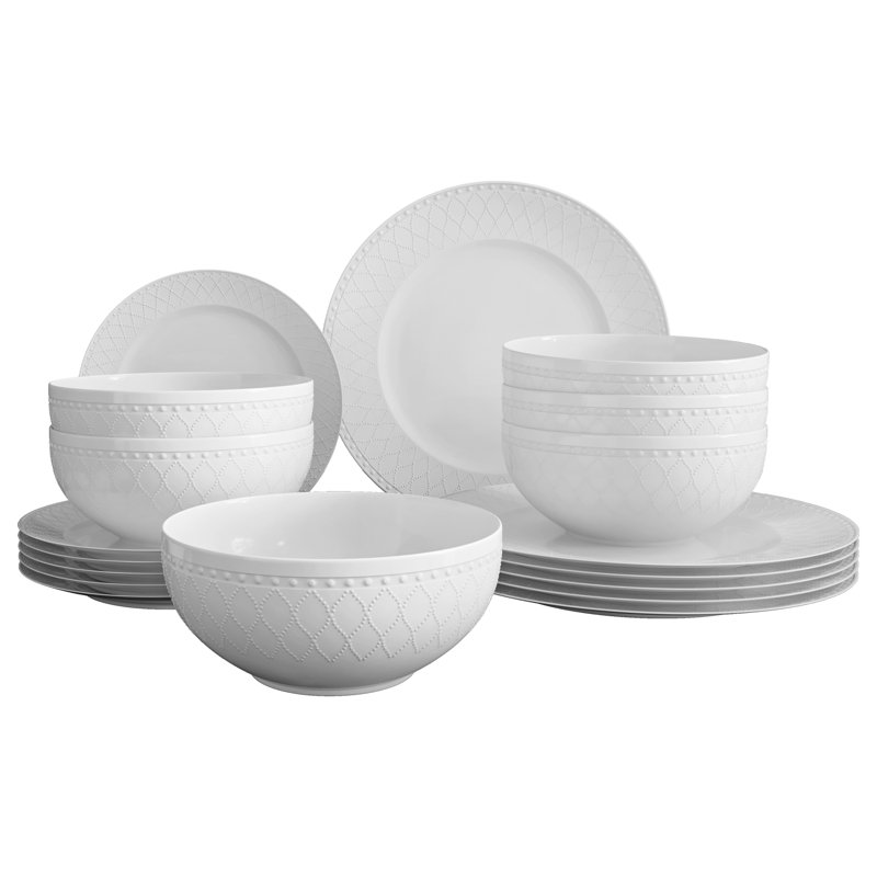 Vaisselle en os blanc gaufré blanc avec motif léger et résistant aux ébréchures, 18