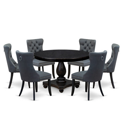 7-piece Dining Table Set with Polyester Fabric 6 Platinum Gray dining room chairs, Button-Tufted Backs, and a 48"Round Breakfast Table in Sand Blasted Black Finish