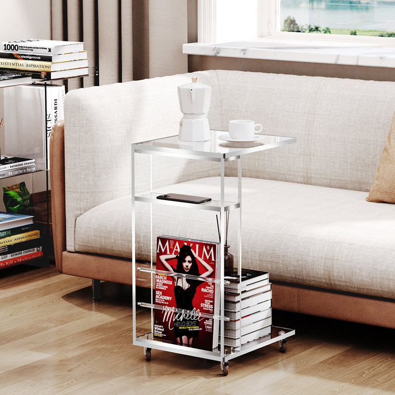 Kabron Acrylic Side Table on Lockable Wheels, Sofa Table With Storage, Suitable For Living Room, Bedroom, Clear