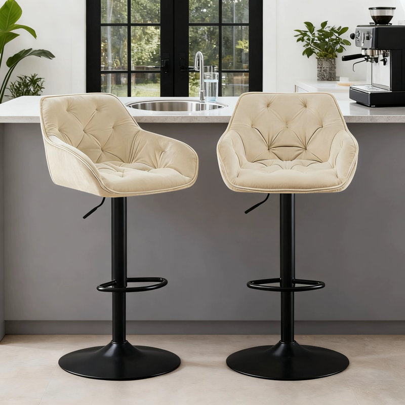 Kafka Velvet Upholstered Height Adjustable 360 Swivel Bar Stools, Beige