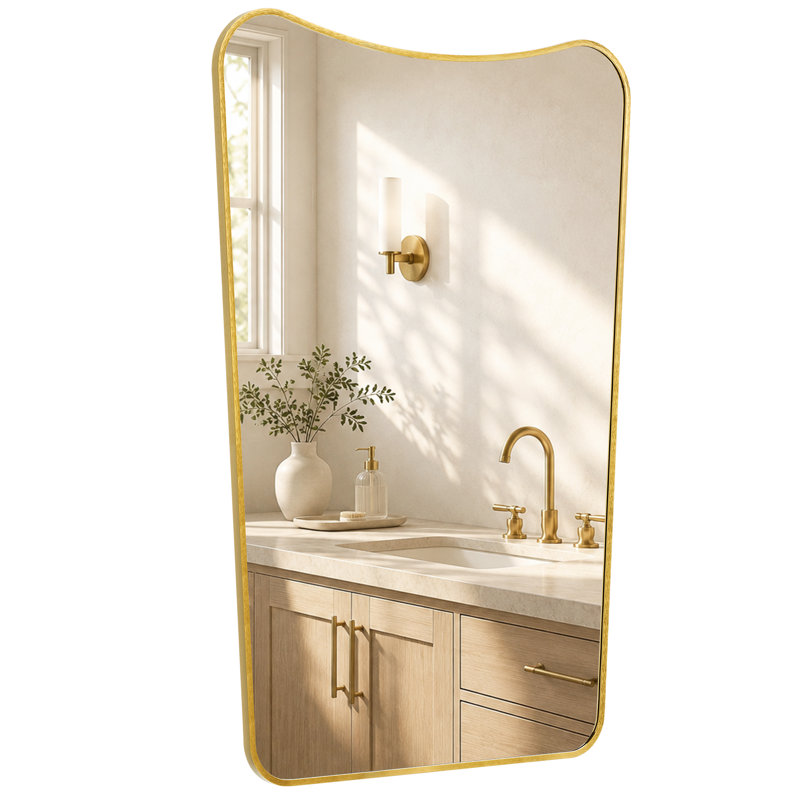 Miroir mural moderne à cadre incurvé, miroir décoratif pour salle de bain, Or brossé