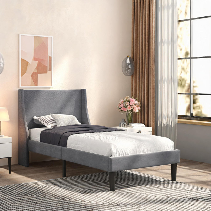 Linen 3FT Single Upholstered Bed with Winged Headboard, Wood Slat Support, 190x90cm, Supports 150kg, Easy Assembly for Bedroom Guest Room
