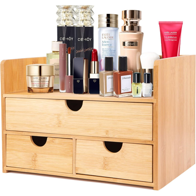Organisateur de maquillage en bambou avec 3 tiroirs - grands et petits tiroirs pour les cosmétiques, les soins de la peau et les fournitures de bureau - Fabrication en bambou naturel durable avec finition lisse