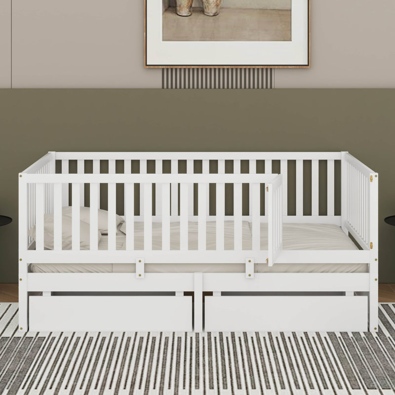 Lit de jour simple en bois avec garde-corps et tiroirs de clôture, divisé en lit de sol indépendant et lit de jour, Blanc