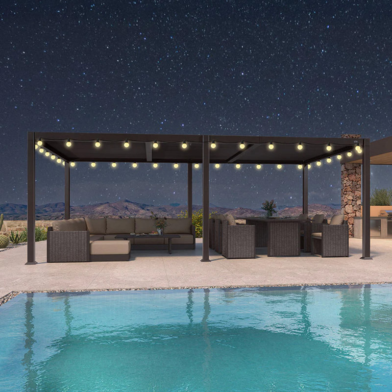 Purple Leaf Adjustable Roof Louvered Aluminum Pergola with String Lights, 92.58" H x 250.35" W x 136.3" D