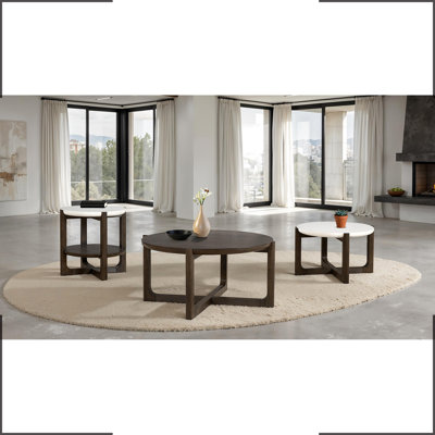 Ensemble de table 3 pièces de style transitionnel 1 table de cocktail 42 po 1 table de cocktail 25 po 1 table de bout avec plateau en pierre et en bois, tablette inférieure inférieure, base en tréteaux, finition noyer foncé