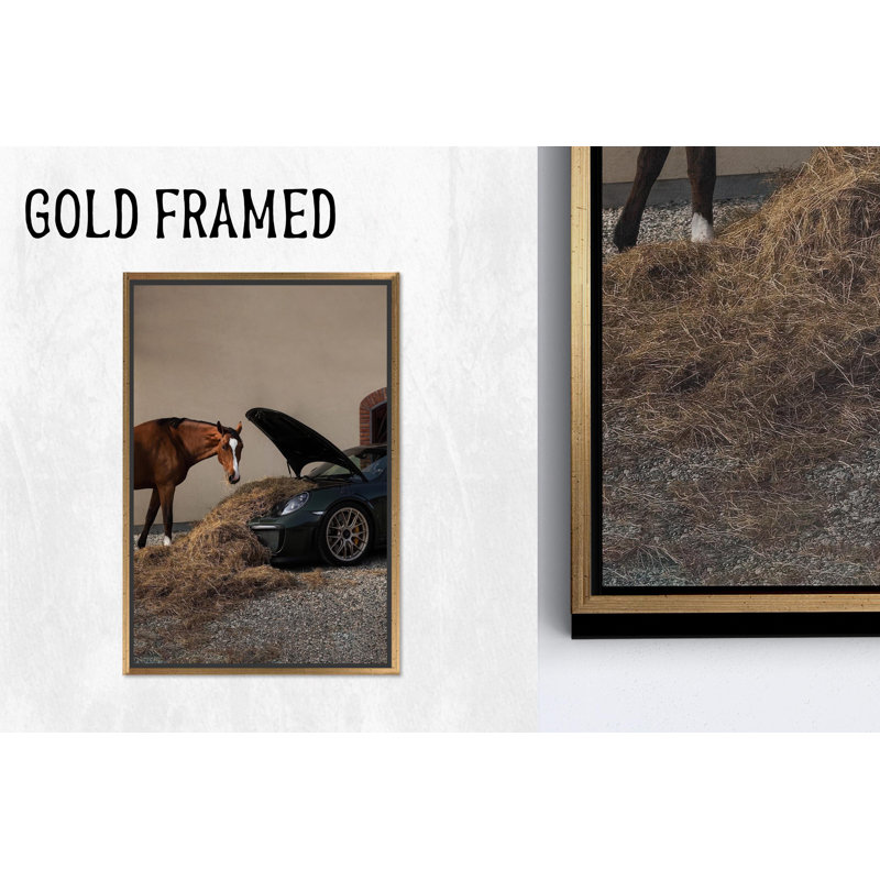 Reproduction d'art sur toile imprimée: décor de cheval et de voiture fantaisiste, style maison de campagne excentrique, toiles à cadre doré 1P
