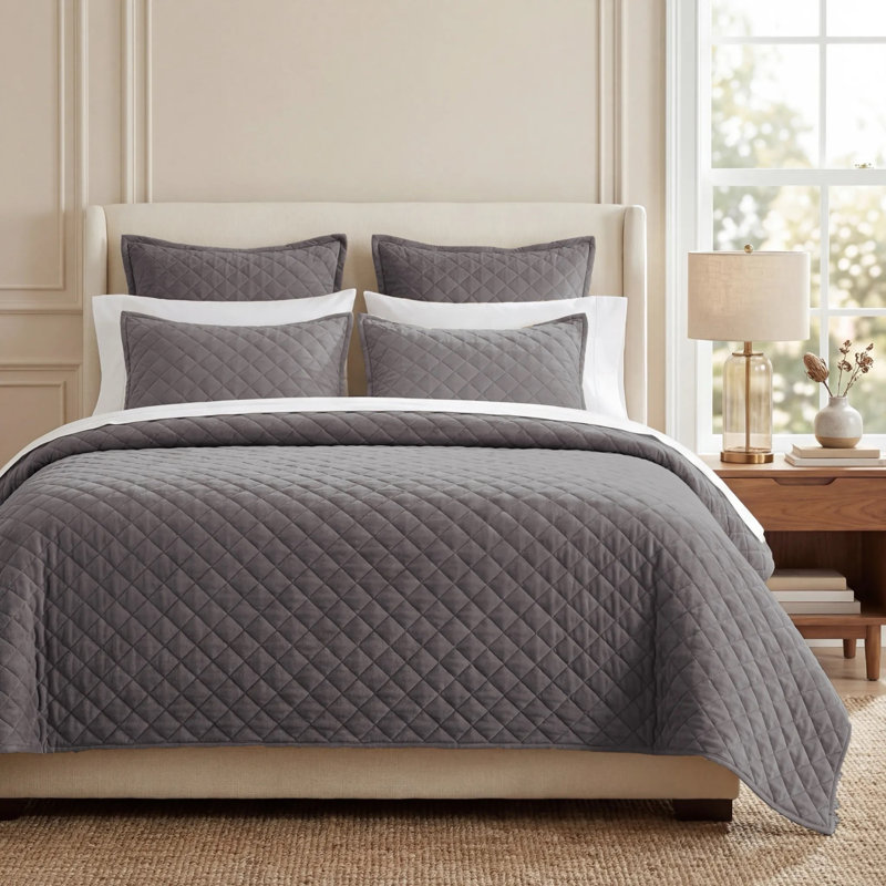 Ensemble de courtepointe Velvet Diamond, Courtepointe pour lit double/grand et 2 taies déc, Gris