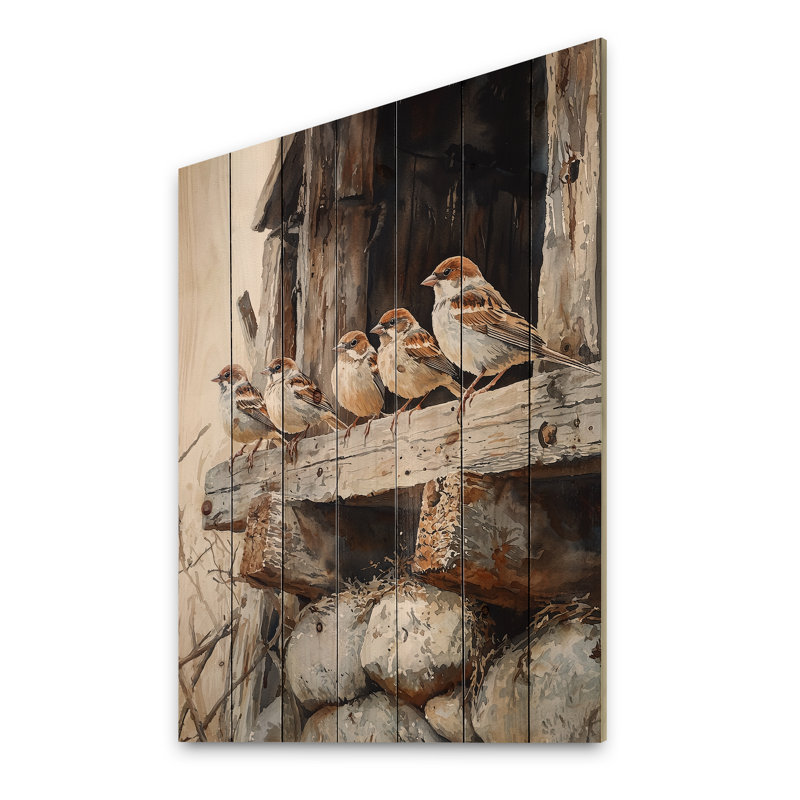 Sparrows Birds In The Farmyard IV - Décoration murale en bois d'oiseau - sur bois de pin naturel, H 32 po x l 24 po