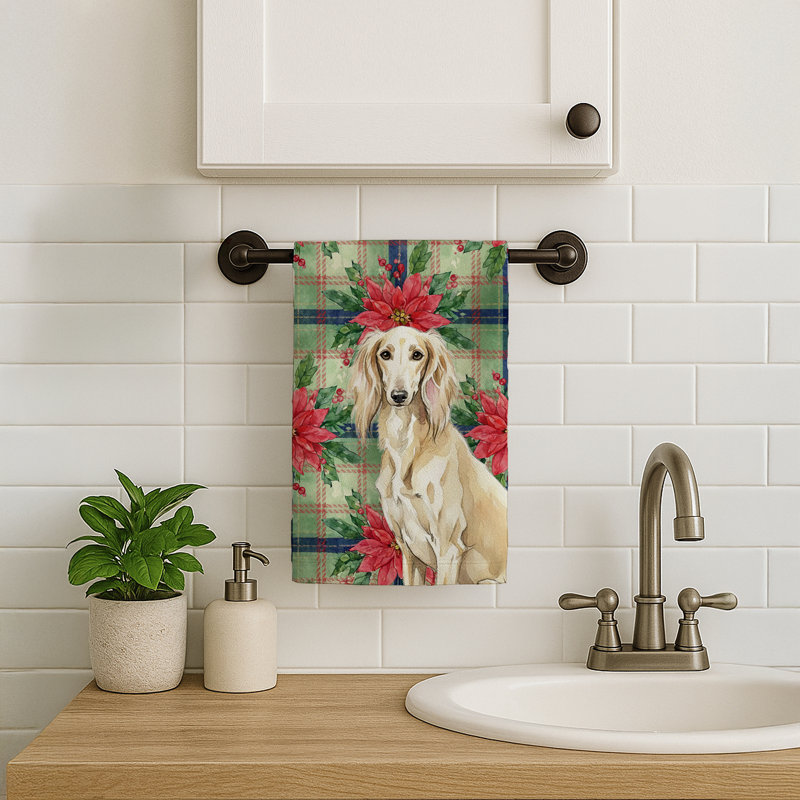 Cream Saluki Christmas PoinsettIas Kitchen Towel, Cream Saluki