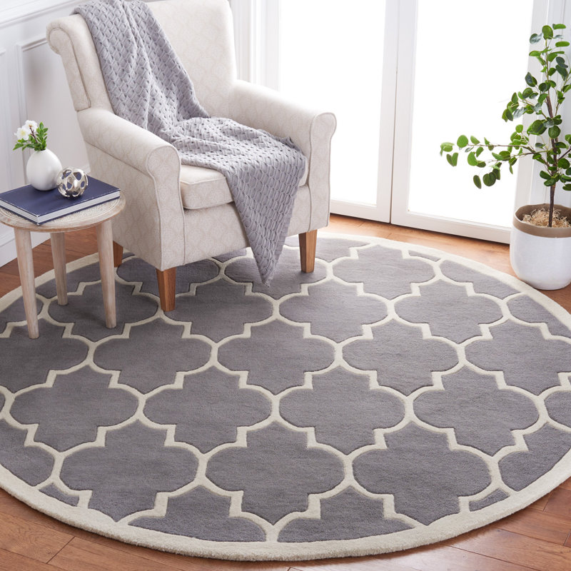 Tapis gris foncé / ivoire en laine touffeté à la main Carolene, Rond 4 pi