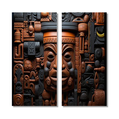 Motif de masques de Kuba africain brun et noir - Masque africain, ensemble d'art mural encadré de personnes brunes