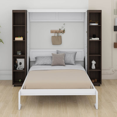 Grande armoire escamotable pliable avec lit escamotable et bibliothèque, lit escamotable en bois avec tablettes de rangement pour adultes