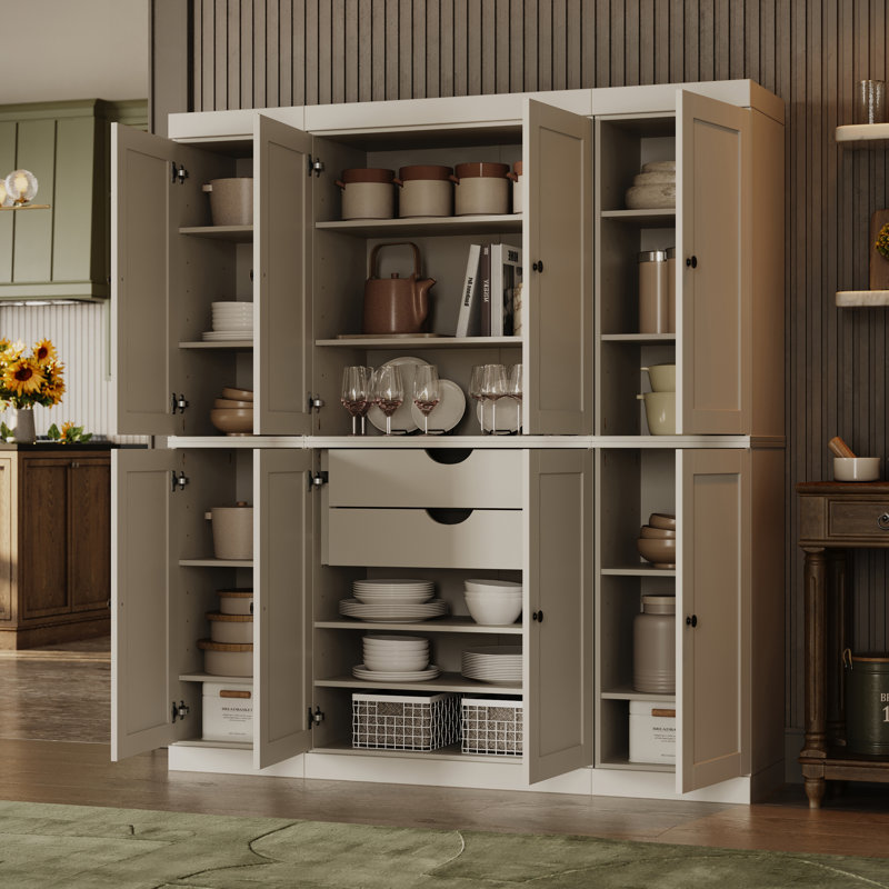 Garde-manger 100% bois massif, portes Shaker, 2 tiroirs, tablettes réglables, largeur 65 po, hauteur 71,5 po, Blanc cassé