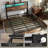 Full Size Bed Frame with 4 Drawers, Bed Frame with Storage Headboard, LED Lights and Charging Station-653978596-648882358