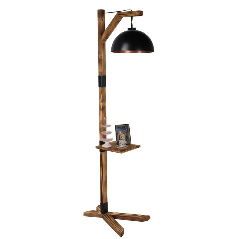 Luro Elegant Black Floor Lamp with Wooden Body & Shelves, 72.8 inches Tall | E27 Socket Max 60W, On/Off Switch on Cable | Perfect for Living Room, Bedroom, or Office Decor | Stylish & Functional Lighting Solution