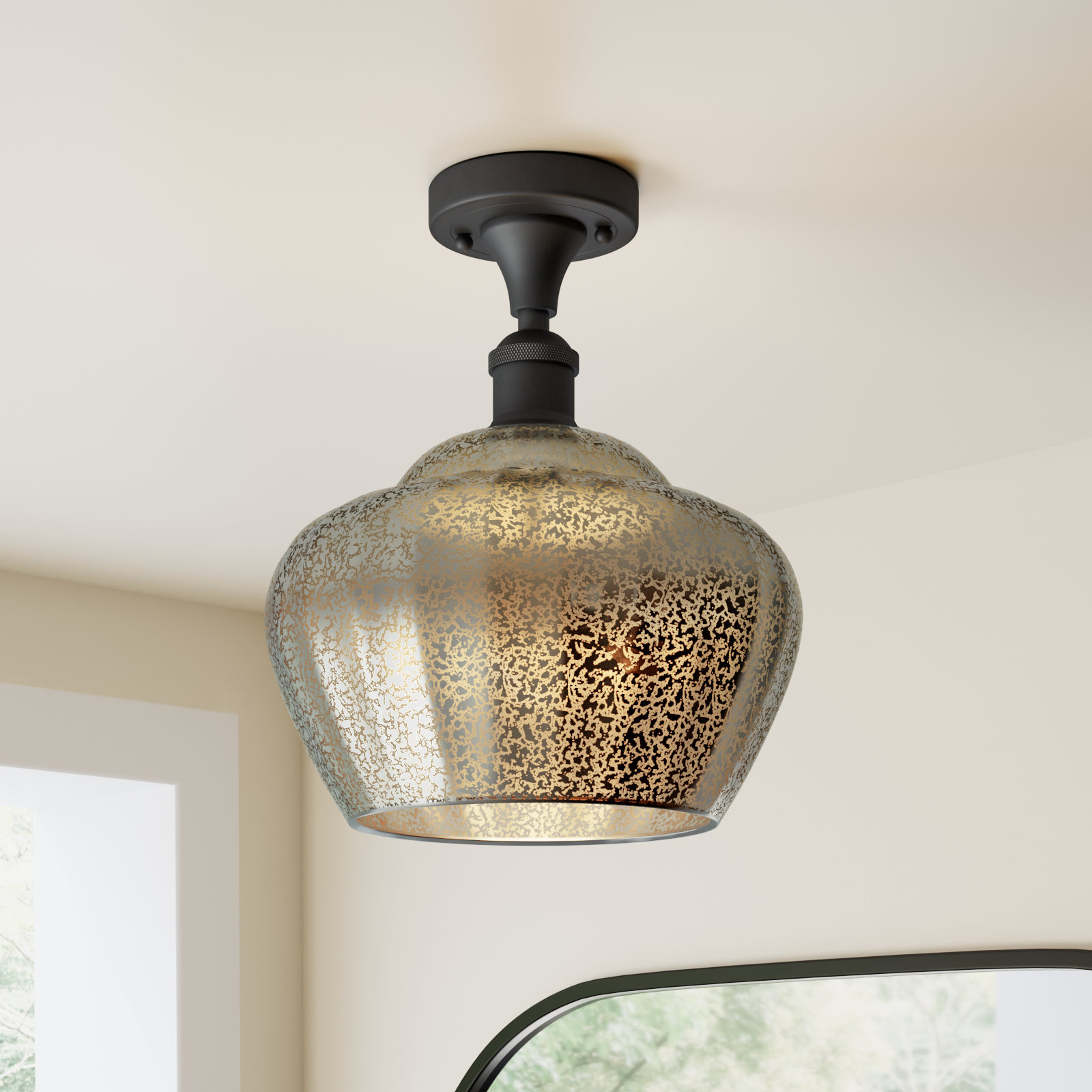 Renee Single Light Glass Semi Flush Mount, Plated Smoke, Matte Black, 60 Watt Vintage Incandescent Bulb