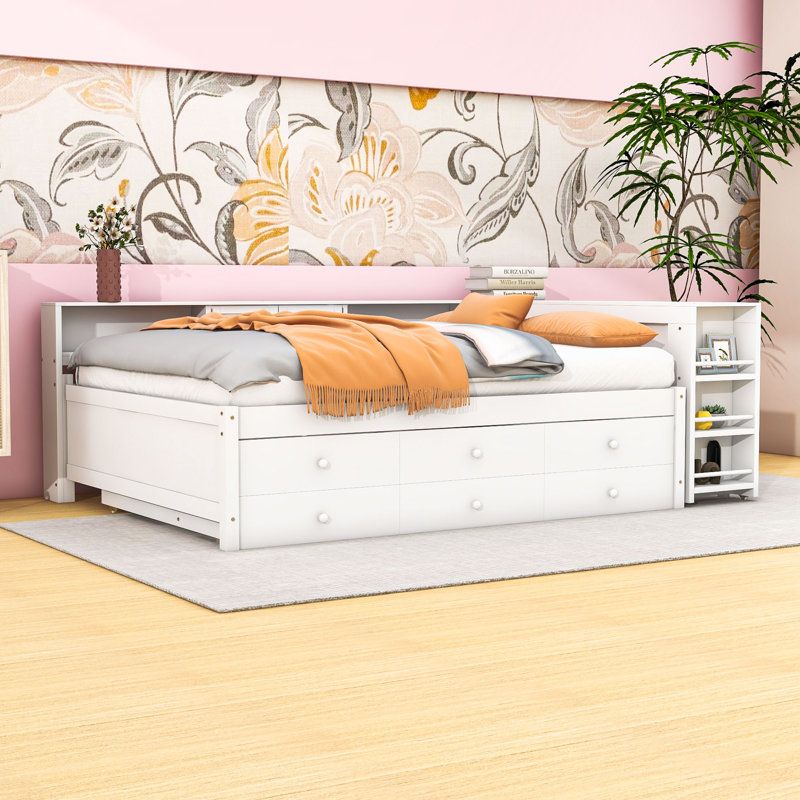 Wood Daybed with Pull-Out Trundle and Desk and Storage, Full/Double, White