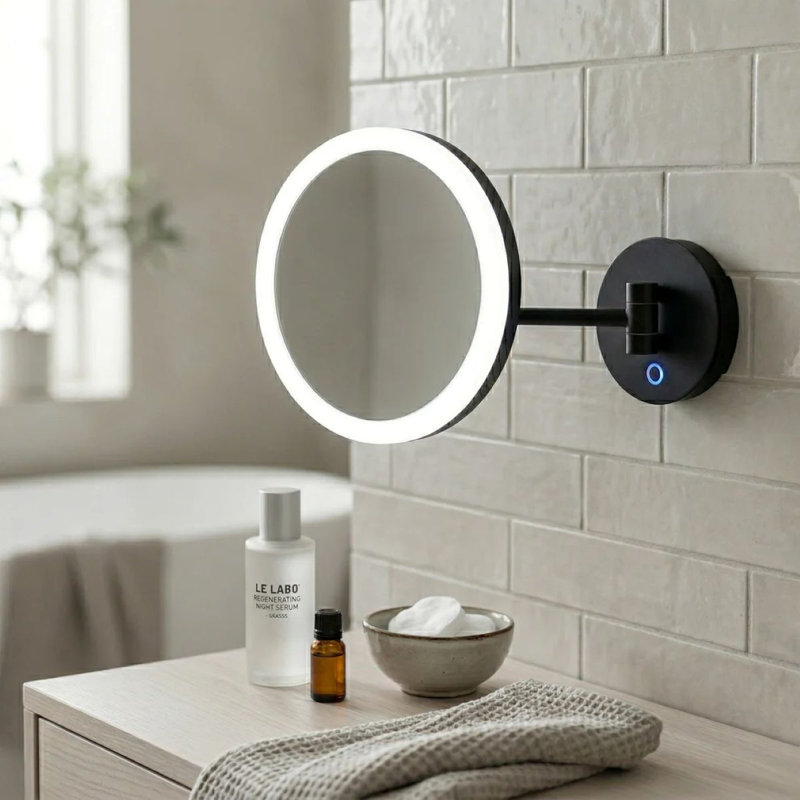 Miroir de maquillage mural à DEL avec lumières chaudes et froides. Grossissement de 5 fois