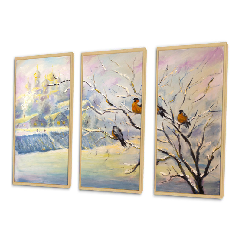 Rustic Birds On A Tree In Winter Village - peinture sur toile flottante 3 pièces, L 36 po x H 28 po, Cadre brun
