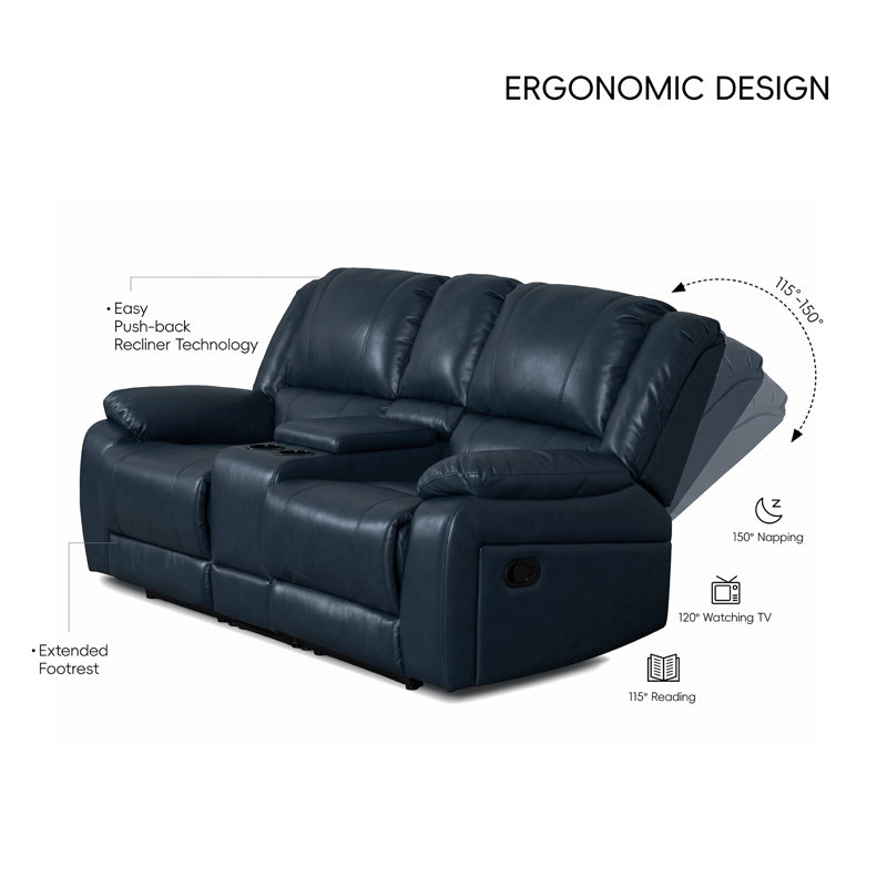 Canapé d'angle inclinable 5 places Lasceau en similicuir avec console de rangement et table rabattable, Blue Faux Leather