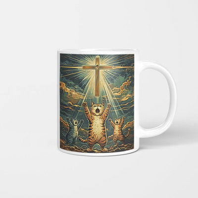 Tasse amusante de chat qui prie Jésus