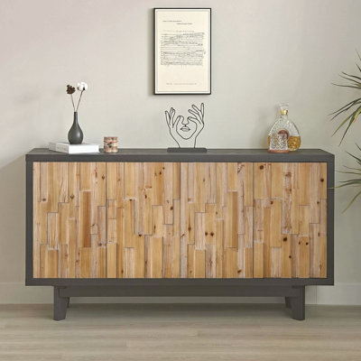 Modern Wooden 4-Door Storage Cabinet With Textured Geometric Design - Natural Wood Door