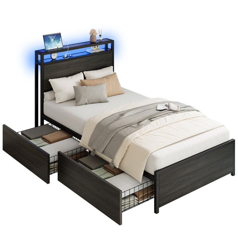 Lit moderne avec tête de lit et 2 tiroirs personnalisables, avec station de charge, lumières DEL, solution de rangement flexible pour les petits espaces, noir