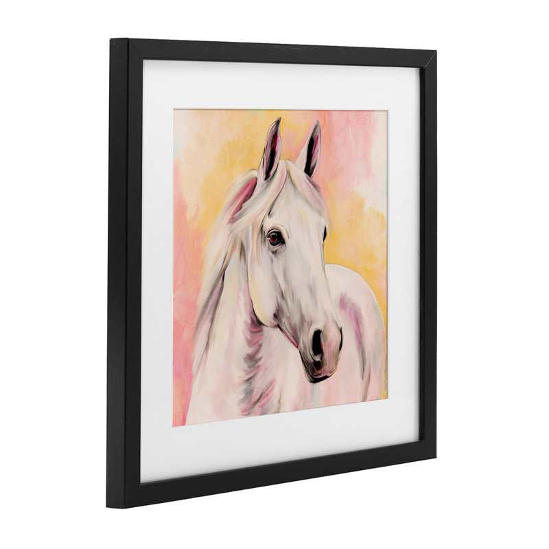 «Sunset White Horse», reproduction d'art sous verre encadrée par Kim Allen, H 13 po x l 13 po, Cadre noir minuit