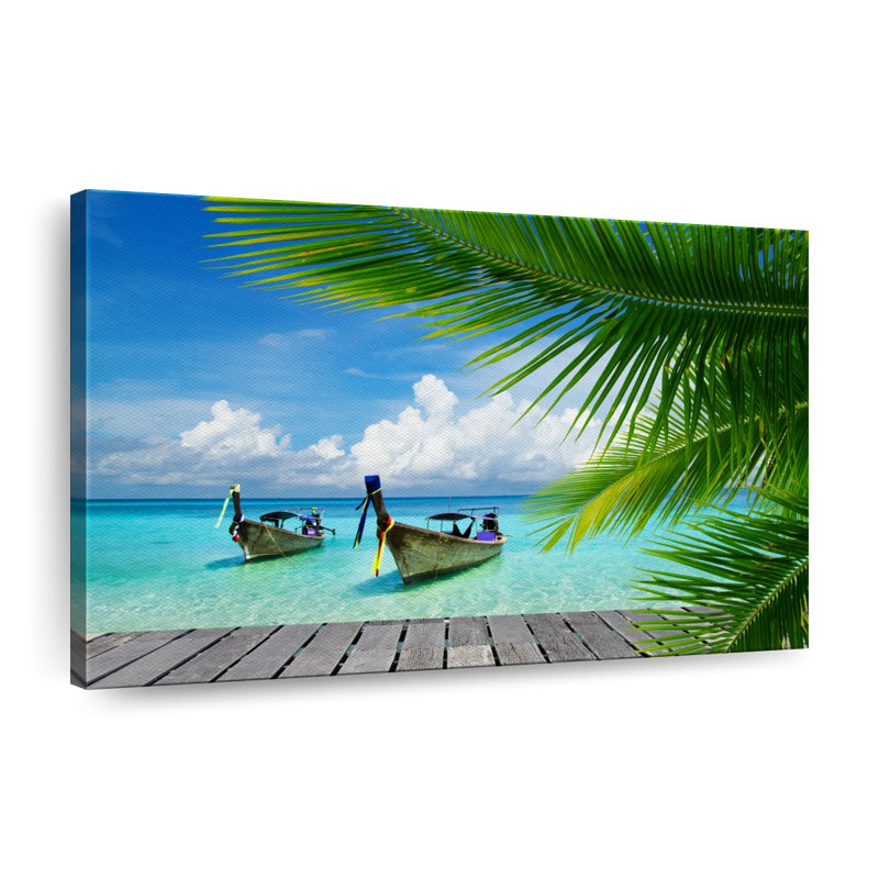 Bateaux sur le quai de l'île tropicale, reproduction sur toile, H 26 po x l 39 po x P 1,25 po