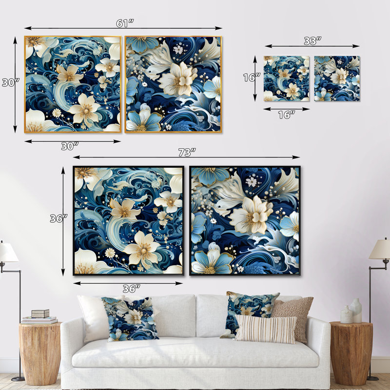 Electra - Ensemble de 2 collages floraux et botaniques carrés, Cadre flottant noir, H 30 po x l 61 po