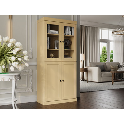 100% Solid Wood 6-Shelf Bookcase, Shaker & Clear Glass Doors, Adjustable Shelves, 32" Wide, 71.5" Tall