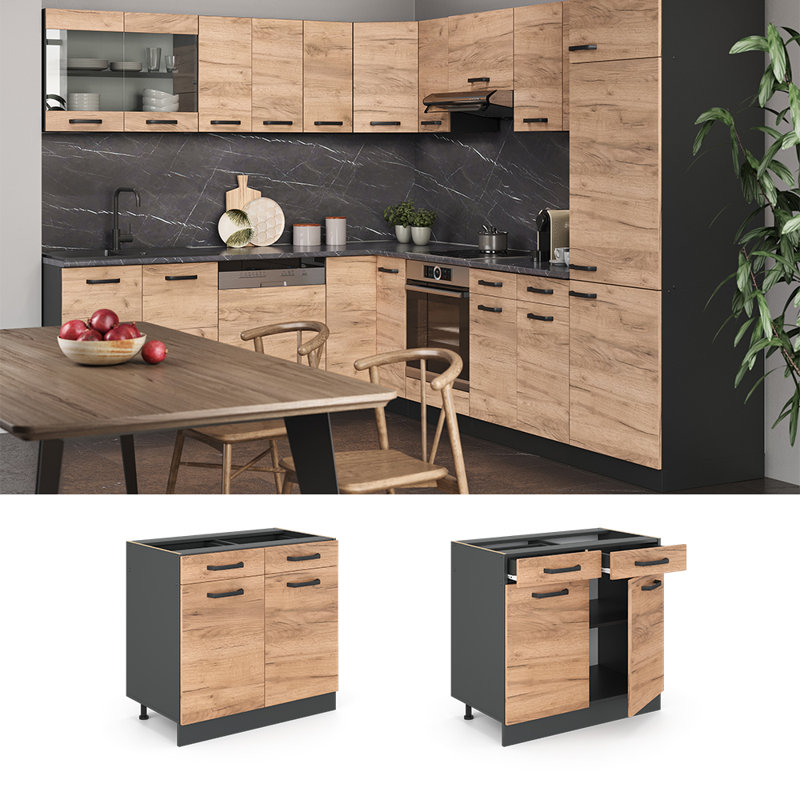 82Cm H x 80Cm W x 46Cm D Oak Base Unit Cabinet, Brown/Grey