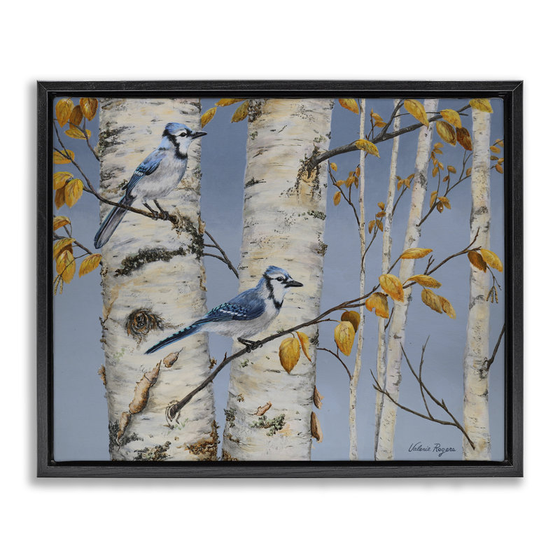  «Blue Jay Autumn Day» par Valerie Rogers, H 25 po x l 31 po, Cadre flottant noir de jais