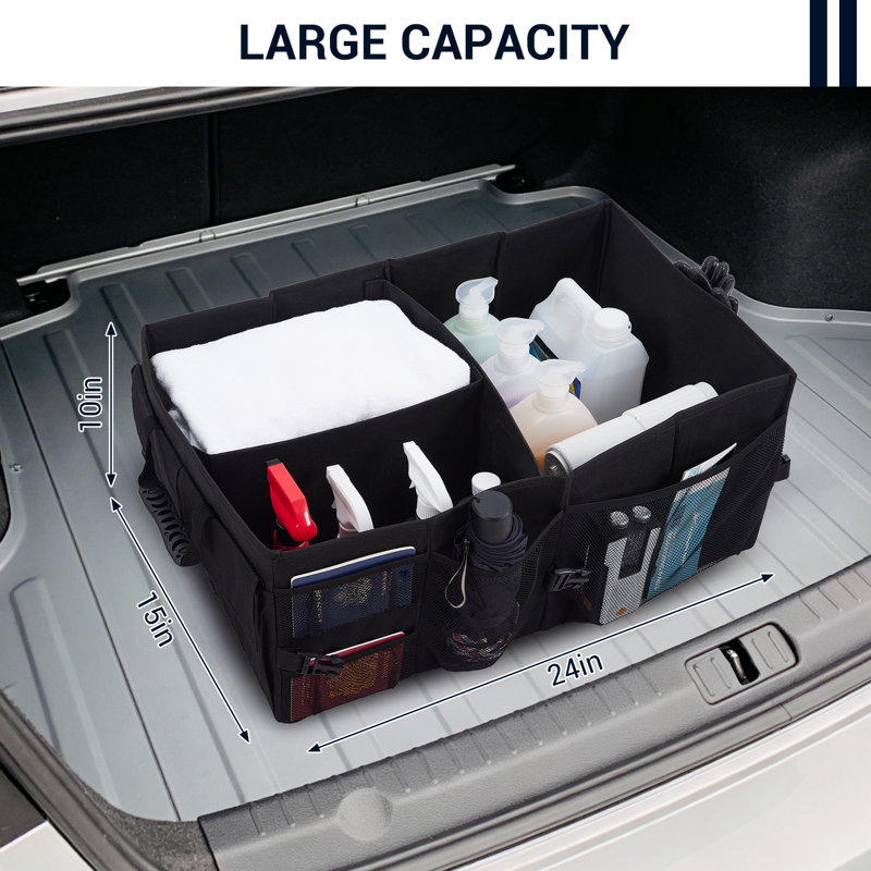 Trunk Storage Box, Black 24x15x10 Inch Foldable Car Organizer, Polyester Cargo Box for SUV Van, Durable Trunk Container to Keep Cargo Tidy