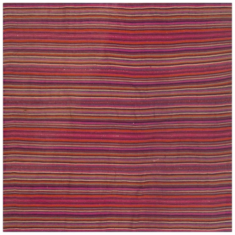 Tapis carré Kilim turc décoratif moderne à rayures roses vintage des années 1950, tissé à plat, 152 x 152 cm.