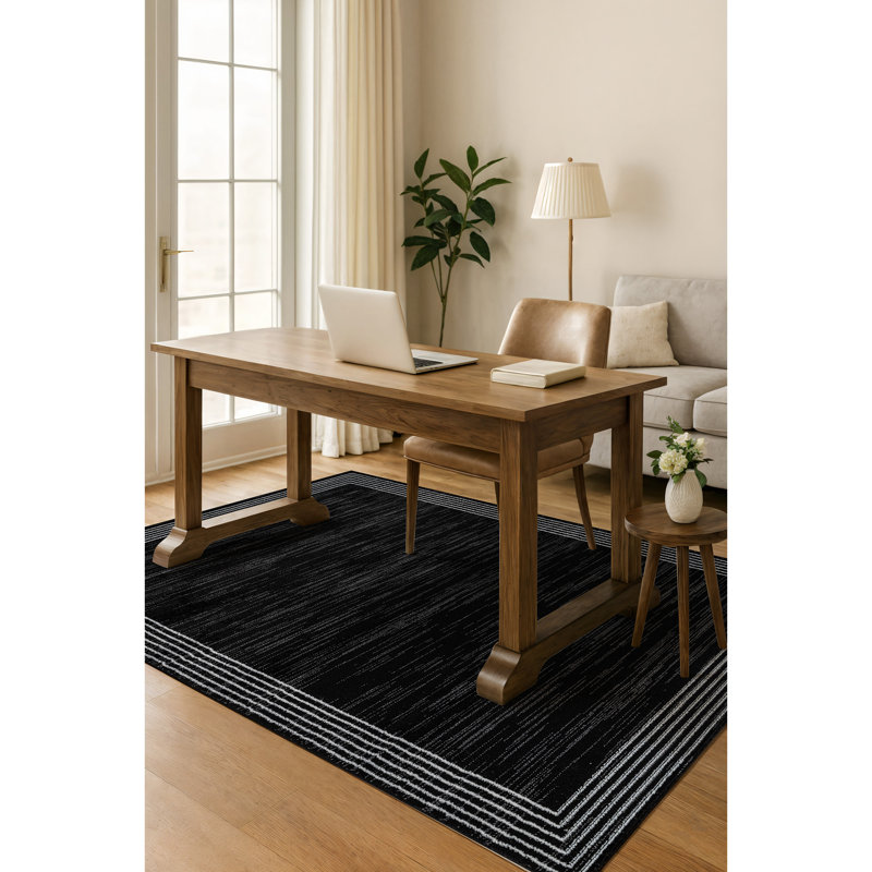 Geometric Border Black/Ivory Minimal Indoor Woven Area Rug, Rectangle 5' x 7'