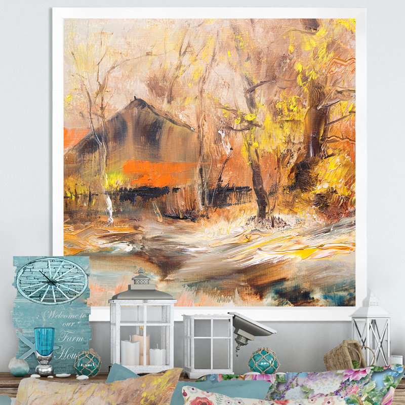 Paysage d'automne à la ferme - œuvre d'art sur toile, H 16 po x l 16 po x P 1 po, Cadre photo blanc