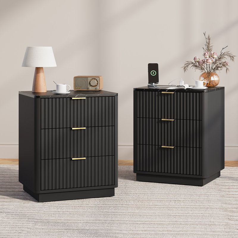 Valerica 3-Drawer Fluted Nightstand with Charging Station, Set of 2, Black