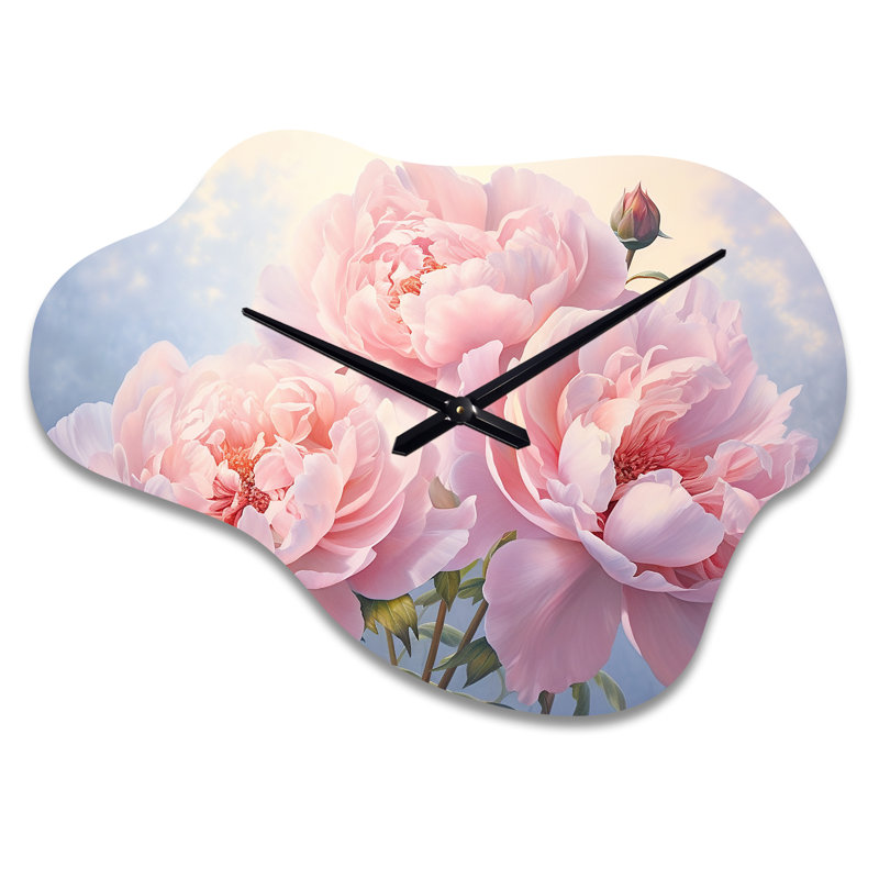 Pink Peony Perfection II - Floral Cloud Metal Wall Clock, Traditional Asymmetrical Wall Clock Print, Large