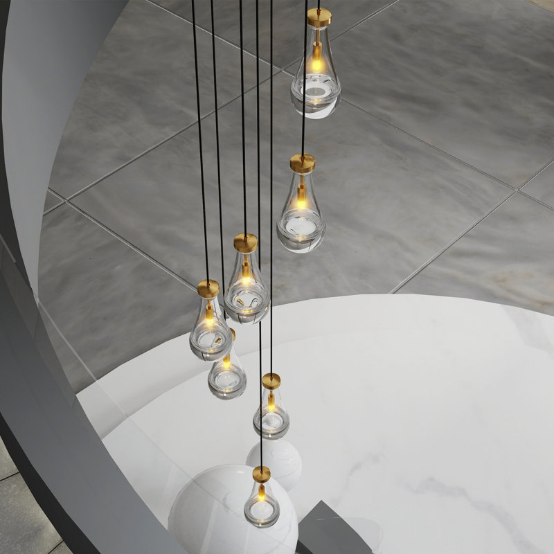 Luminaire suspendu en verre épais 7 lumières Raindrop, Doré, 7 lumières