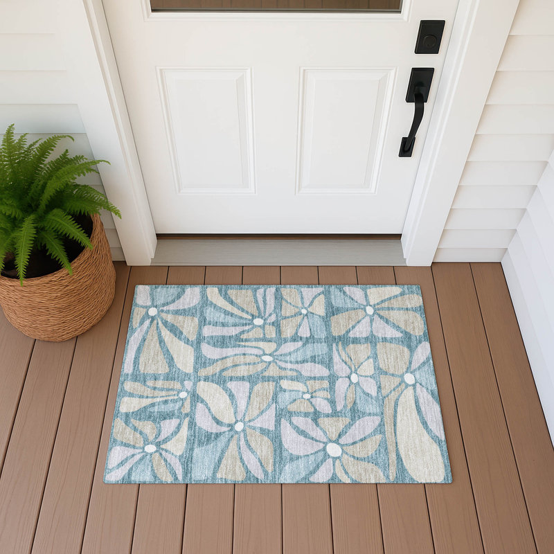Machine Washable Indoor/Outdoor Chantille ACN2630 Floral Rug, Teal, 1'8" x 2'6"