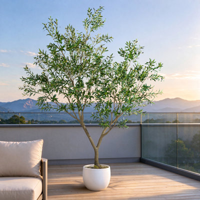 Artificial Olive Tree, 5 Ft Tall Faux Olive Tree with Realistic Leaves and Fruits, Potted in White Planter for Indoor Home, Living Room, Office and Entryway Decor