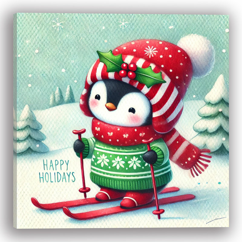 «Jolly Holiday Penguin: Festive Skiing», art mural sur toile, H 20 po x l 20 po