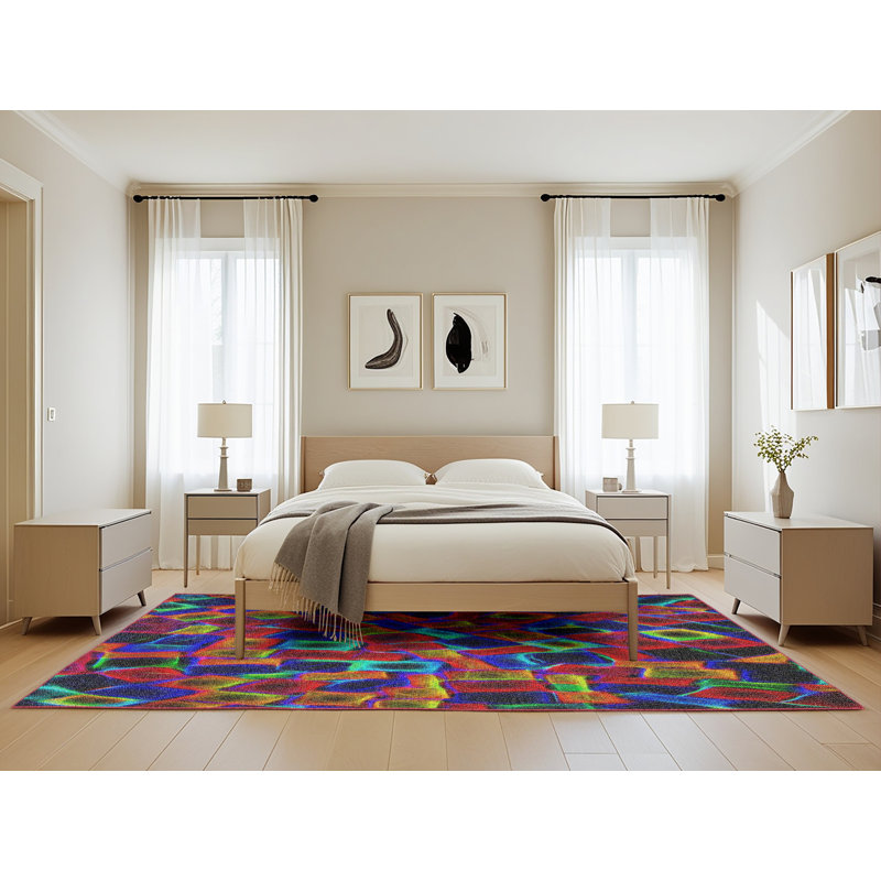 Tapis rouge/vert/bleu tissé à la machine, Rectangle 5 pi x 8 pi